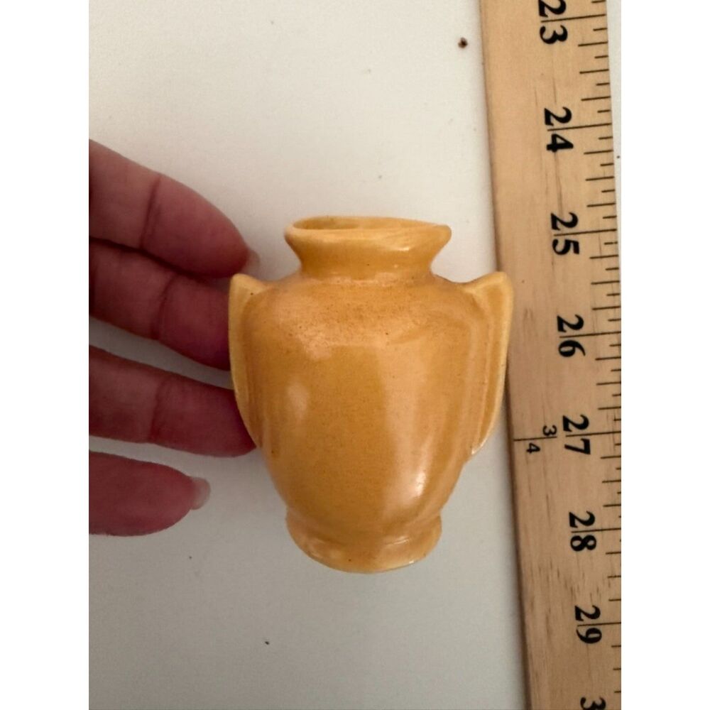 vtg. miniature yellow glazed art deco double handled pottery vase